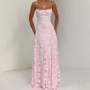Pink Elegant Women's Backless Strappy Jacquard Dress